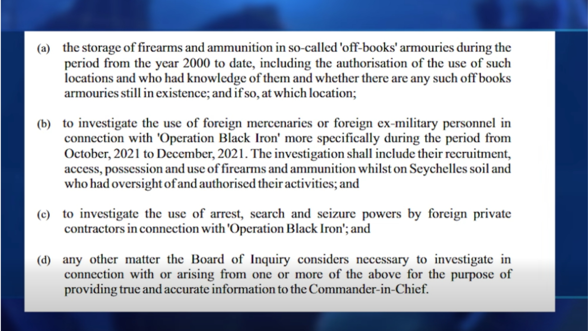 Gouvernman i’n lans en komisyon lanket pour egzamin lenportasyon ek stokaz zarm ek aminisyon